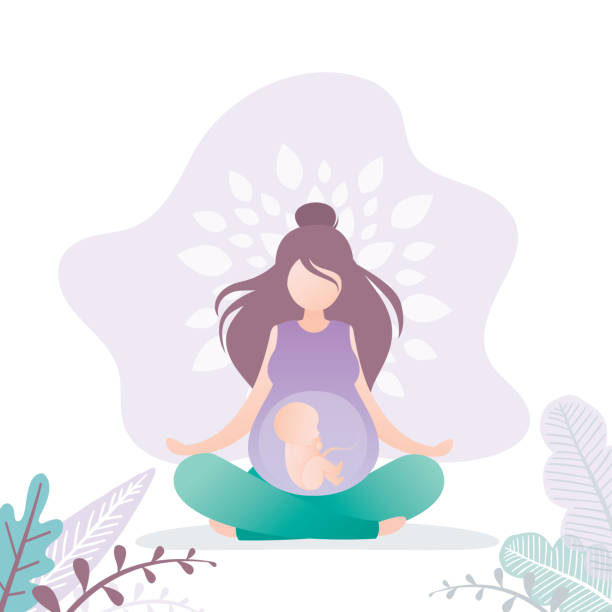 istockphoto-1246906840-612×612 Beauty pregnant woman sitting in lotus yoga pose. Soft prenatal yoga exercises. Hatha asanas complex. Health care and fitness concept. Female character. Trendy style vector illustration
