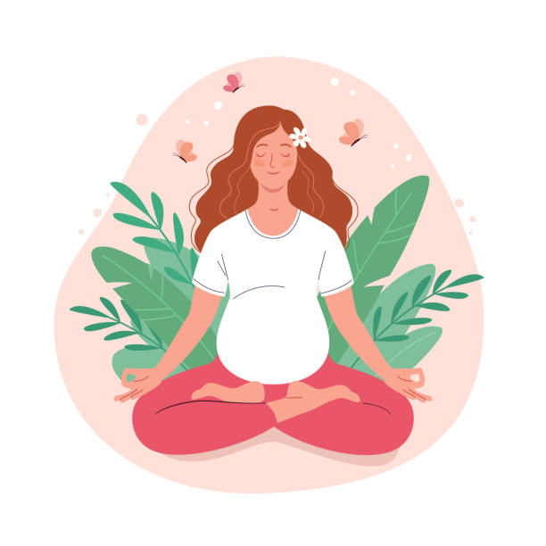 istockphoto-1297292411-612×612 Vector illustration of cartoon young pregnant woman in white t-shirt sitting in lotus position surrounded by plant leaves
